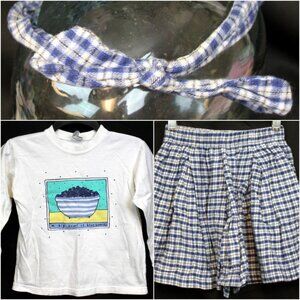 MulberriBush 3pc Outfit Girls M 6 Blueberry Shirt Plaid Pleated Shorts Headband